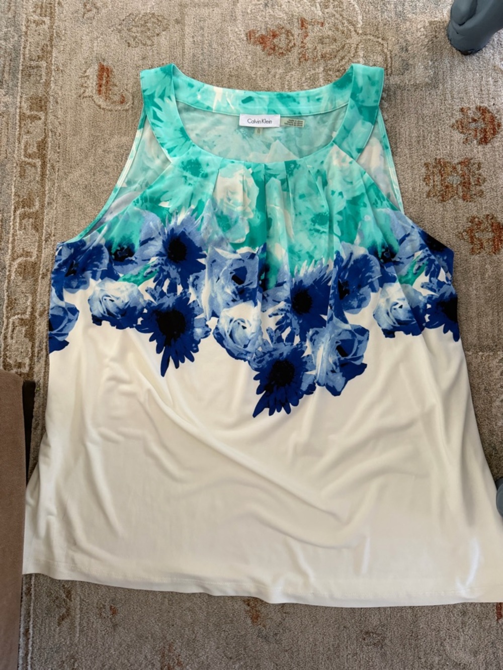 Calvin Klein Teal Green Blue Floral Scoop Neck Tank